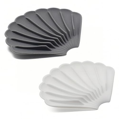 JYNXOR 2 Pièce Porte Savons Silicone, Porte Savon Salle de Bain avec Évacuation, Support Savon Incliné, Porte-Savons Antidérapants pour Douche, Salle de Bain, Cuisine,Forme coquillage(Gris et blanc)