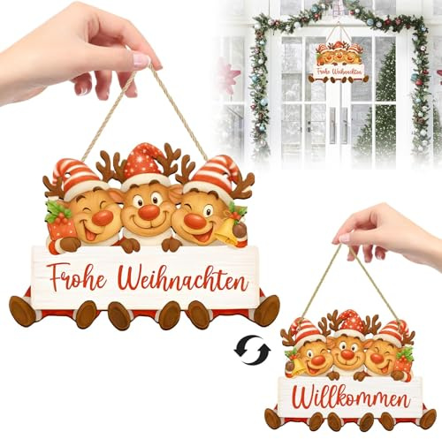 Weihnachtsdeko Tür,Türschild Weihnachten Holz,TürdekoWeihnachten,TürhängerWeihnachten,Weihnachtsschild,Weihnachtsdeko Haustür,Christmas Door Decoration Beidseitig mit„Frohe Weihnachten“ & „Willkommen“