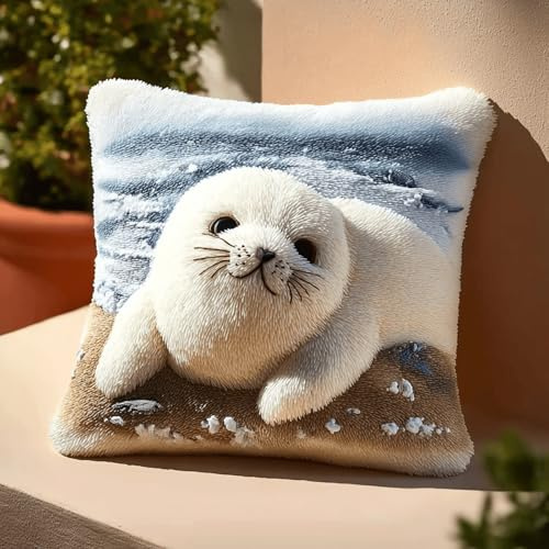 Taxpy Kit Complet de Coussin à Point Noué,Un adorable phoque prend un bain de soleil,Latch Hook Cushion Kit 43×43 cm,Set DIY avec Crochet pour Enfants et Adultes Débutants,Artisanat Créatif