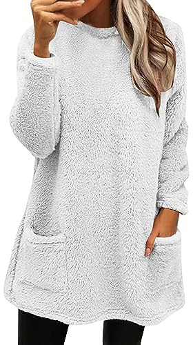 Générique Varm damtröja utan huva - dam fleecetröja utan huva toppar med två fickor tröja rund hals enfärgade toppar bekväm tröja enkel tröja utomhus pullover, Vitt och blått, S