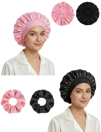 lulir Lot de 2 Bonnet Satin Cheveux Nuit, Bonnet en Satin | pour Femmes Cheveux Longs Bouclés, Doux Respirant, Large Bande Ajustable pour Couchage et Maquillage