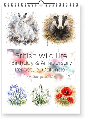 British Wild Life Birthday & Anniversary Perpetual Calendar - Splash Effect Watercolour Prints
