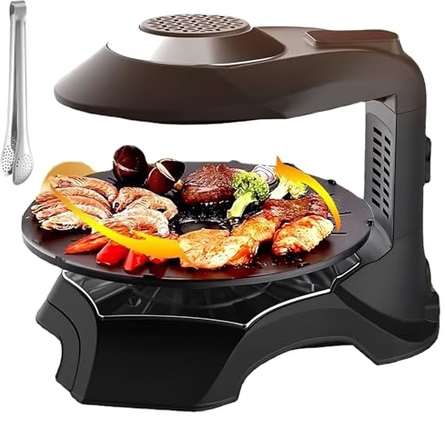 Parrilla Eléctrica de 1400W, Barbacoa Sin Humo con Bandeja de Cocción Giratoria Automática de 360° y Ajuste de 80 a 280°C, Bandeja Antiadherente Desmontable, Olla Barbacoa Sin Humo para Fiestas