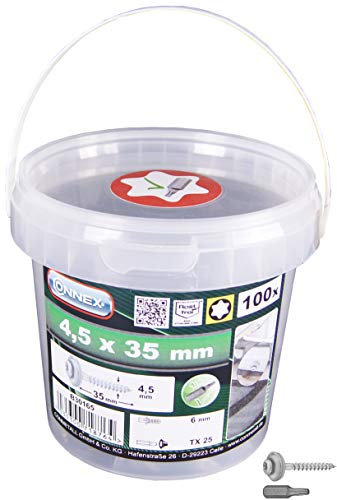 Connex Spenglerschrauben 4,5 x 35 mm - 100 Stück - TX-Antrieb - Mit Dichtscheibe - Korrosions- & witterungsbeständig - Inkl. Bit / Fassaden-Schrauben / Dachschrauben / Schrauben-Eimer / B30165