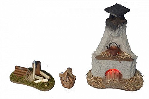 Backofen beleuchtet, Hackstock und Holzkorb für Krippe Weihnachtskrippe Krippenstall Krippenzubehör
