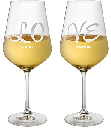 AMAVEL Set de 2 Verres à Vin avec Gravure Personnalisée Love et 2 Prénoms, 500 ML