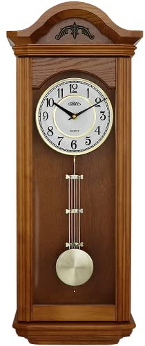 PRIM Holzwanduhr Pendel II – A, Retro Design, 640 x 250 x 125 mm, Verziertes Zifferblatt, Pendel-Wanduhr aus Holz, Quarz-Uhrwerk, Helles Holz, Dekoration für Wohnzimmer, Schlafzimmer, Büro, Küche