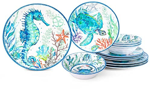 LEHAHA Juego de vajilla de playa de melamina de 12 piezas, juegos de platos y cuencos costeros, juegos de platos de vida marina oceánica para 4, ideal para comer en interiores y exteriores en la