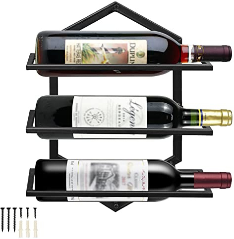 YALINKA Wall Mounted Wine Stemware Rack, Metal Hanging Wine Glass Display Holde Holds 3 Bottles, Elegant Storage for Kitchen Dining Room Bar Wine Cellar