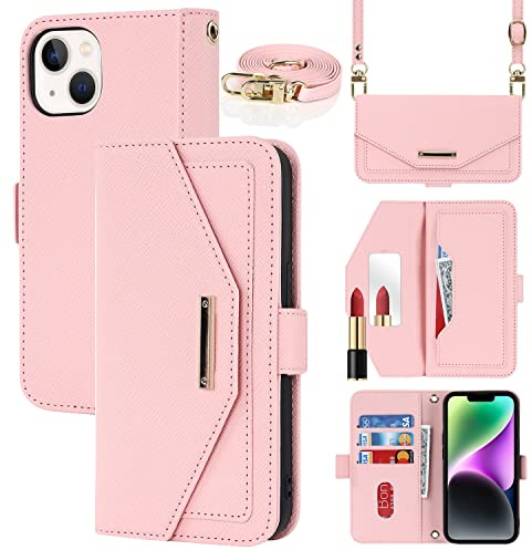 Cavor Case compatible with iPhone 14 Phone Case With Strap,Crossbody Flip Leather Wallet Case,[5 Card Holder][Mirror][Magnetic],Lanyard Case Cover for women - Pink