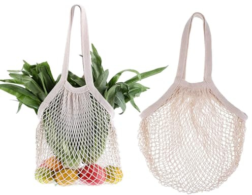 2 Stück Einkaufstasche Netz Wiederverwendbar Einkaufstasche Mesh Baumwolle Einkaufen, Cotton Einkaufsnetz Netzbeutel mit Langer Griff für Lager Obst Gemüse Markt/Lebensmittel einkaufen Einkaufsnetz