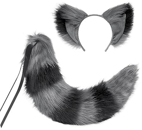 NICEYEA Halloween Cosplay Kostüm Fuchs Ohren und Schwanz Set Kunstpelz Katze Wolf Waschbär Ohren und Schwanz Set Tier Pelzschwanz Ohren Stirnband Halloween Weihnachten Rollenspiel (Grau und schwarz)