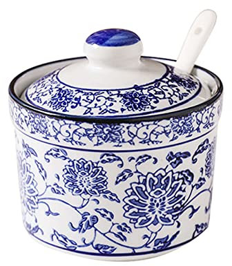 Zuccheriera cinese in porcellana bianca e blu con coperchio, zuccheriera in porcellana con cucchiaio, piccola saliera, for bar, ristorante-vasi singoli blu e bianchi (Color : Blue and white, Size : 3