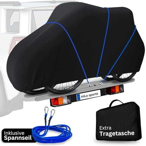 HiLo sports reißfeste Fahrradabdeckung Heckträger für 2 Fahrräder - [Mit 6m Seil] - Wasserdichter Fahrrad und E-Bike Transportschutz - Aus 600D Ripstop - Fahrradschutzhülle für Fahrradträger