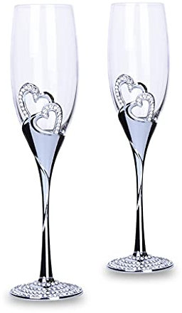 GLigeT Flute da Champagne Set di Bicchieri da Champagne creativi da 2 Pezzi, Cristallo di Nozze, Regalo di Champagne for Matrimoni a Forma di Cuore, Vetro Tagliato, Argento Bicchieri da Champagne