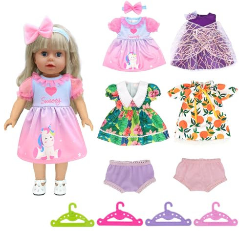 4 Pack Baby Kleidung Kompatibel mit 35-43 cm New Born Baby Puppen, Puppenkleidung inklusive 4 Kleiderbügel 2 Unterhosen für New Baby Puppen, 43cm Süßes Babypuppenkleid