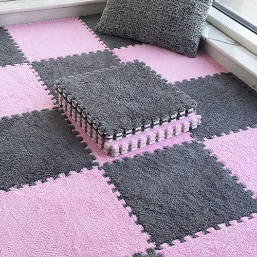 LULUMAIC 10 Stück weiche Puzzle-Schaumstoff-Bodenmatte, quadratische ineinandergreifende Teppichfliesen, Plüsch-Spielmatte, Spielzimmer, Schlafzimmer, 30,5 und 61 cm (grau + rosa, 30,5 x 30,5 x 0,99