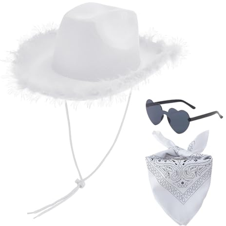 ZBHDEYG Chapeau De Cowboy Western avec Lunettes d'Amour, Écharpe Carrée à Motifs Noirs, Bords en Plumes et Paillettes pour Soirées à Thème et Jeux De Rôle