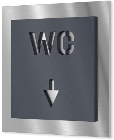 Urhome Toiletten Schild aus V2A Edelstahl 120x120-230x230mm Anthrazit Metallic WC Pfeil unten - Piktogramm Türschild rostfrei - Herren Damen Toilette Infoschild für Wand Tür Innen Außen