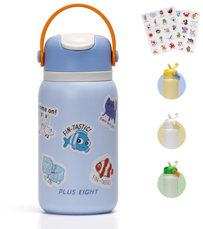 pluseight Edelstahl Trinkflasche, 450 ml Kinder Wasserflasche mit Aufklebern, 18/8 Edelstahl Leck Beweis Kinder Tassen mit Stroh für Schulreise Jungen Mädchen ﻿ (Blau)