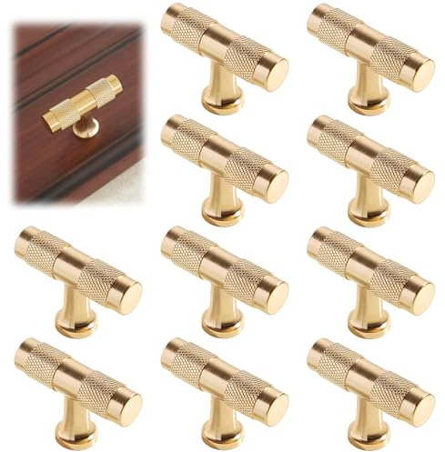 Xiciki 10 Pcs Gold Kitchen Door Knobs, 50mm Length Single Hole Drawer Cabinet Handles, Gold Cupboard Knobs for Kitchen Bathroom Dresser Drawers Wardrobe