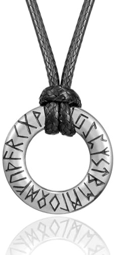 RWQIAN Rune Wikinger Kette Herren Punk Lederkette mit Rune Anhänger Silber/Gold/Schwarz Nordische Amulett Schmuck Kette Einstellbar auf 26/65cm Geschenk für Männer