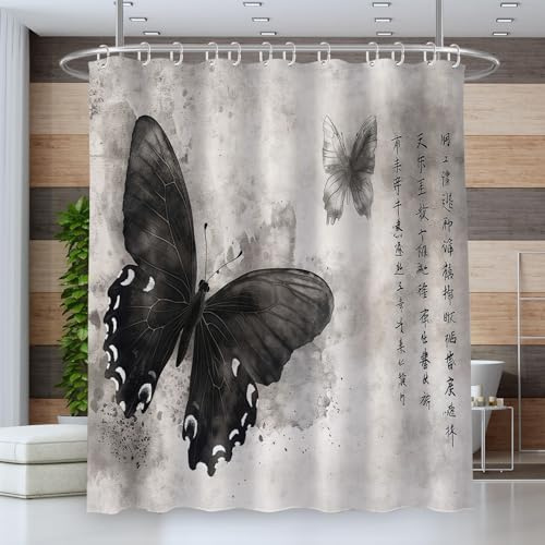 Duschvorhang Wasserdichter 180*180cm Duschvorhang Waschbar Schnelltrocknender Stoff Polyester Badewanne Vorhang mit 12 Duschvorhängeringen,Blickdicht Chinesische Schriftzeichen Graffiti-Schmetterling