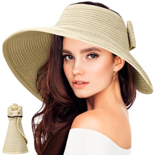 BellaGesundheit Damen Sonnenhut, Faltbarer Strohhut mit Breiter Krempe, UV-Schutz UPF 50+, Sommerhut für Strand und Outdoor-Aktivitäten