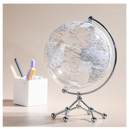 Globo Mappamondo Illuminato LED 20 CM Trasparente Base in Metallo – Lampada da Tavolo con Mondo Decorativa per Casa, Ufficio, Scuola – Rotazione Manuale 360° – Idea Regalo Educativa Bambini (Bianco)