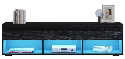 Genforiek Modern TV Stand Cabinet, High Gloss TV Unit with LED Lights 150CM, White Media Unit, LED TV Cabinet for Living Room, 3 Drawers and 3 Open Shelves, Home Furniture (Black)