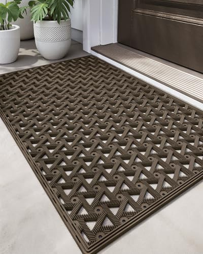 DEXI Front Door Mat Outside Entrance Rubber 32x48, Welcome Floor Doormat Heavy Duty Non Slip, Dirt Trapper Waterproof Exterior Entry Mats All Weather for Patio Entryway Drainage, Brown