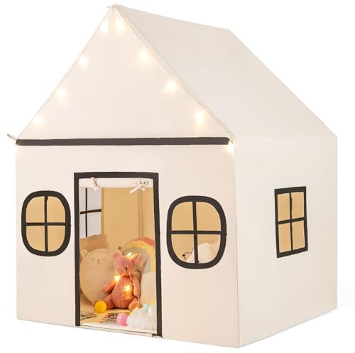 Maxmass Kids Play Tent, Large Children Play House with Star Lights, Non-slip Mat, Side Storage Pocket, Windows, Indoor Outdoor Toddler Playhouse Castle Fairy Tents for 3+ Years Old (Beige+Grey)