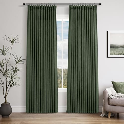 Olive Green Linen Pinch Pleated Curtains 84 Inches Long 2 Panels for Living Room, Thick Pleat Clip Rings Hooks Back Tab Light Filtering Loden Moss Green Window Drapes for Bedroom Sliding Glass Door