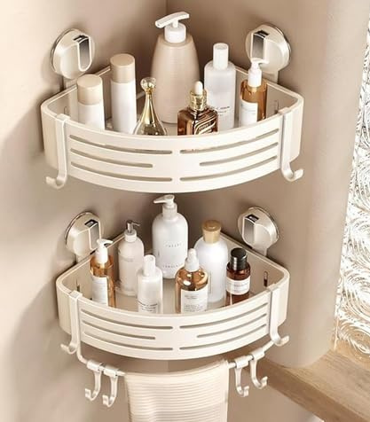 Duschablage Saugnapf Ohne Bohren, 2 Stück Duschregal Ecke mit Haken, Saugnapf Badezimmer Regal mit Handtuchhalter Aluminium Wand Duschkorb Dusch Organizer für Bad und Küche（Cremeweiß）