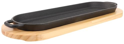 iplusmile Piastra in Ghisa per Bistecche con Base in Legno Vassoio da Portata Caldo per Barbecue Padella Grill Stovetop per Servire Carne e Verdure