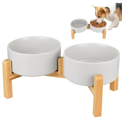 2er Set Hundenapf Keramik, Hundenapf Set Erhöht Hundenapf, 850ml Doppel Futternapf Hund mit Bambus Ständer, für Kleine und Mittelgroße Hunde, rutschfest Futterstation, Fressnapf Hund und Wassernapf