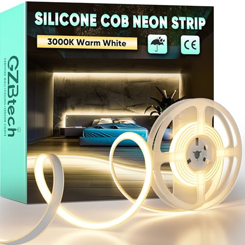 GZBtech AC 230V COB LED Streifen 1M, Silikon Warmweiss 3000K Wasserdicht 286LEDs/M Dimmbar Outdoor Neon Lichtleiste LED Strip Light für Schlafzimmer, Wand, Küche, Wohnzimmer,CE-zertifiziert