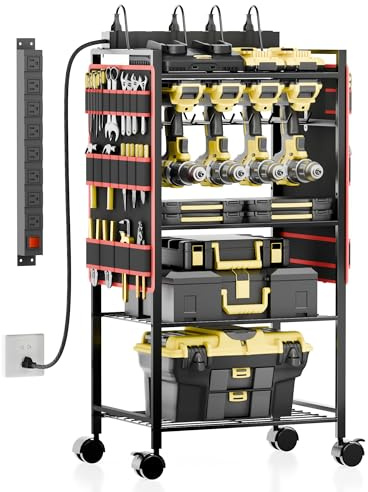 CFMASTER 5-Tier Power Tool Organizer Cart with Charging Station - 8 AC Outlets, 300 lbs Heavy Duty Utility Rack, Rolling Drill Holder & Tool Storage Cart on Wheels for Garage, Workshop, Gift for Men