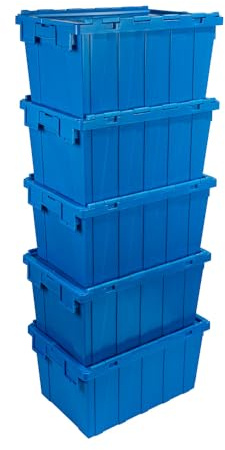 Satargo 5 Heavy Duty Stackable Storage Boxes – Industrial Plastic Containers with Lids, 60L/590x395x320mm – Durable Stack & Lock Warehouse/Workshop/Garage Organiser – Blue (Set of 5)