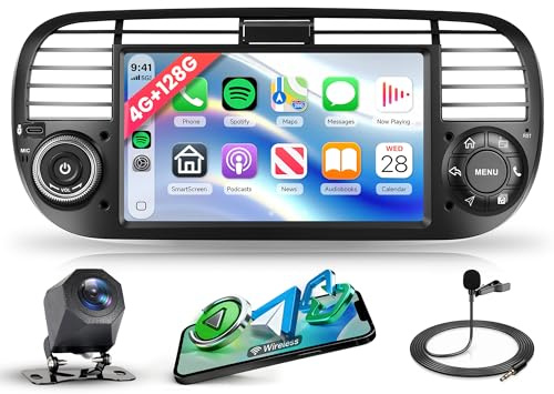 Rimoody 4G+128G Android Car Radio for Fiat 500 2007-2015, 7 Inch Touchscreen with Wireless CarPlay/Android Auto, Mirror Link, GPS, WiFi, Bluetooth, FM RDS, EQ, Type-c, USB, Backup Camera