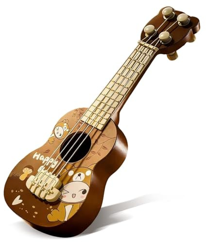 Falafoty Guitare Enfants, 26 cm Jouet de Guitare Ukulélé Instrument de Musique avec 4 Cordes Ajustables,Guitarette Jouet Musique Jouets éducatif pour Débutants Garçons Filles,Ukulélé Cadeau (Brun)