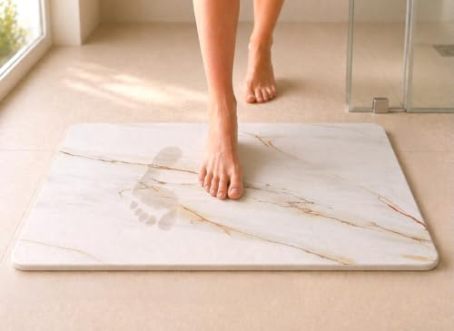 edihome, Alfombra Diatomita Baño, 40x60 cm, Piedra de Secado Rápido, Antideslizante, con Lija, Alfombrilla Rígida Absorbente, Antimoho, para Ducha y Baño (Calacatta Gold)