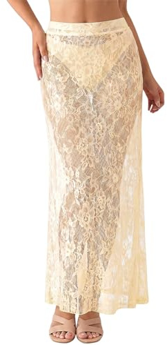 Aunribor Gonna Donna Lunga in Pizzo a Vita Alta Pizzo Elegante Trasparente Ricami Floreali Cintura Elastica Gonna Lunga Casual Spiaggia Vacanze Estive Senza Fodera