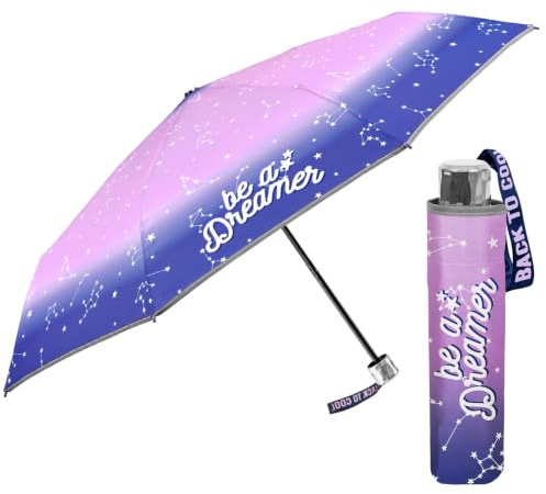 PERLETTI Klein Kinder Regenschirm Pink für Mädchen - Rosa Kinderschirm Reflektierend mit Rosa Pink Lila Motiv - Taschenschirm Kompakt Windsicher Sturmfest 7+ Jahre - Durchmesser 91 cm (Sternbilder)