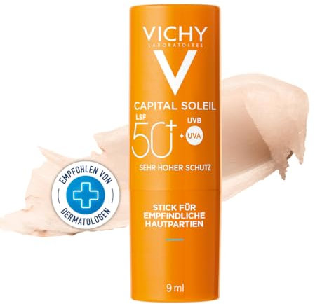 Vichy Stick Zonas Sensibles, SPF50+, Para Zonas Sensibles, Protección Solar de Alto Espectro Contra Rayos UVA/UVB, Con Agua Termal, Resistente Al Agua, Capital Soleil, 9g (el empaque puede diferir)