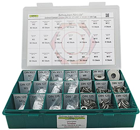 Sortiment Edelstahl A2 Unterlegscheiben DIN 9021/125 / 127, Durchmesser M3 bis M12, 909 Teile; Material VA V2A