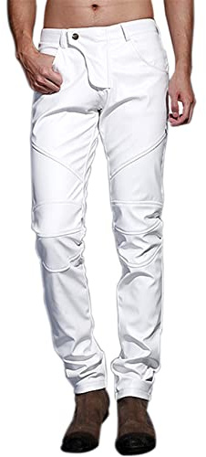 Idopy Men`s Slim Fit Party Performance Biker Faux Leather Jeans Pants White 32