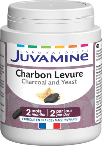 JUVAMINE Charbon Levure, Digestion, Gaz intestinaux, Ballonnements, Contribue à Réduire l'excès de Flatulences, Programme de 2 mois, 120 Gélules, Fabriqué en France