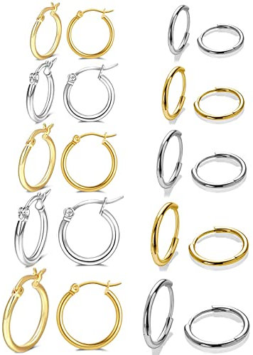 Set di 10 paia di orecchini rotondi a cerchio, per donne e uomini, ragazze, leggeri, in acciaio inox, per cartilagine, senza fine, ipoallergenici, 8-16 mm