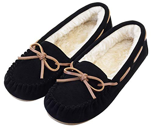 Vonair Women's Moccasin Slippers Micro Suede Warm Faux Fur Pile Lined Lace-Up Bow Cozy Indoor & Outdoor Moccasins Slip On Loafers Shoes for Women Black US 7